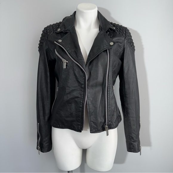 Mango Textured Panel Genuine Leather Biker Jacket Black XS Quilted Shoulder Moto - Picture 5 of 16